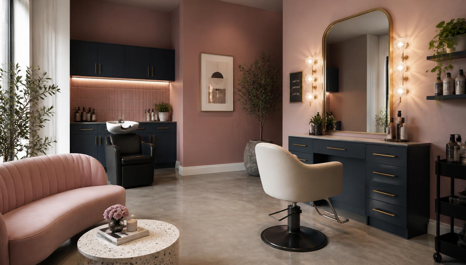 Private salon suite interior with a styling chair, lit mirror, navy cabinetry, and dusty rose walls at Forest Park Salon Suites