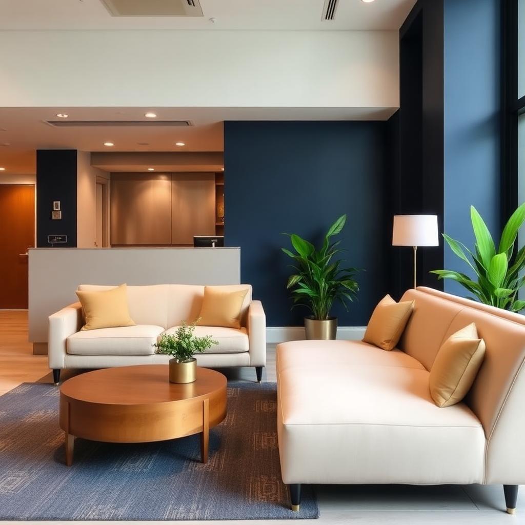 Reception and waiting lounge with cream seating, a navy accent wall, and plants