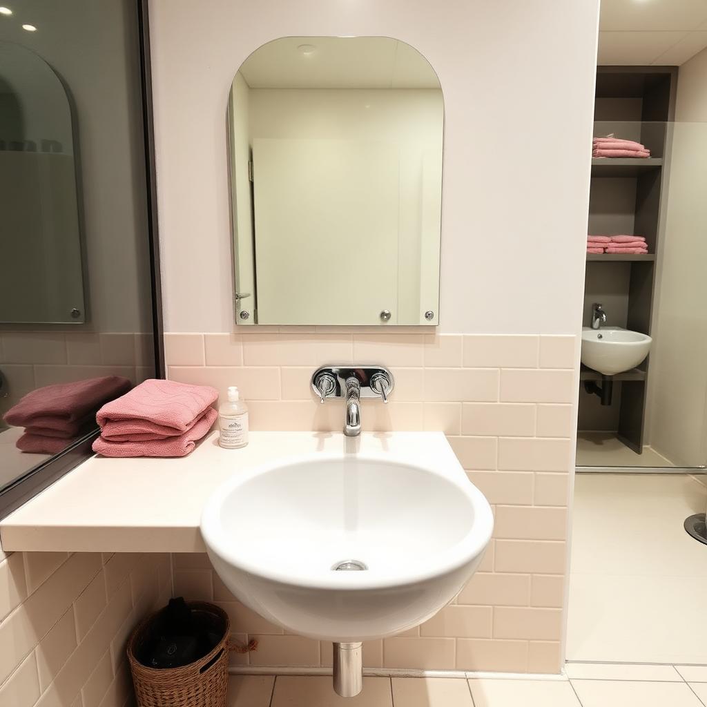 In-suite shampoo bowl and sink station with folded dusty rose towels