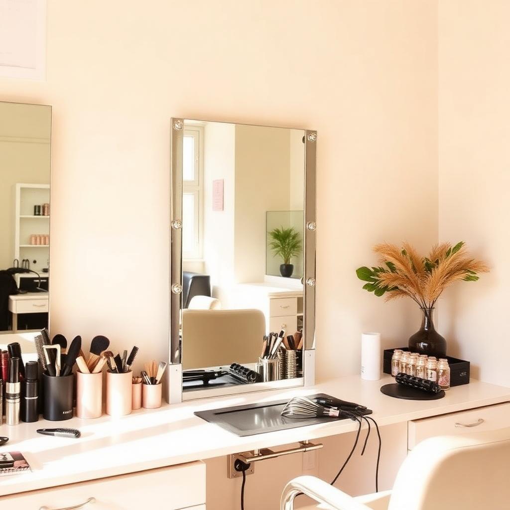 Salon suite styling station with a large mirror, brushes, and hair tools laid out on a cream counter